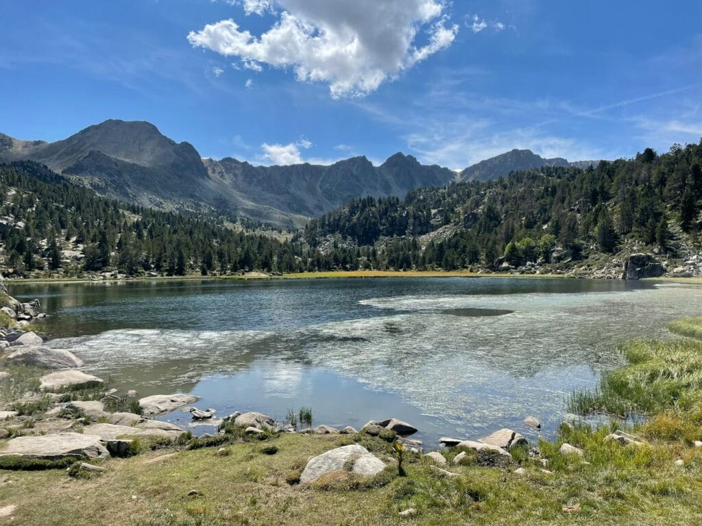 Peaceful landscape featuring Estany Primer Lake, mountains, and lush forest in Grau Roig, Andorra.